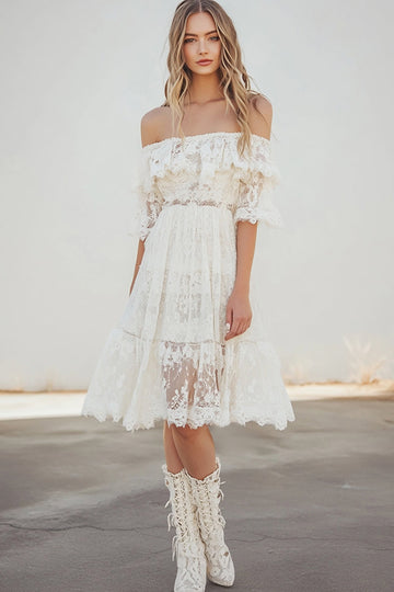 Off the Shoulder White Lace A Line Graduation Dress